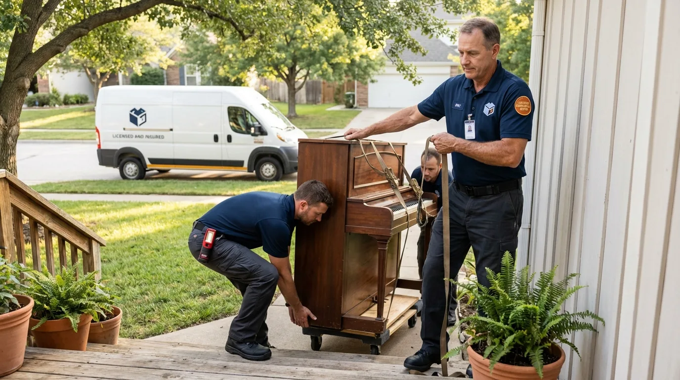 Licensed piano movers securing grand piano in Holmen, WI