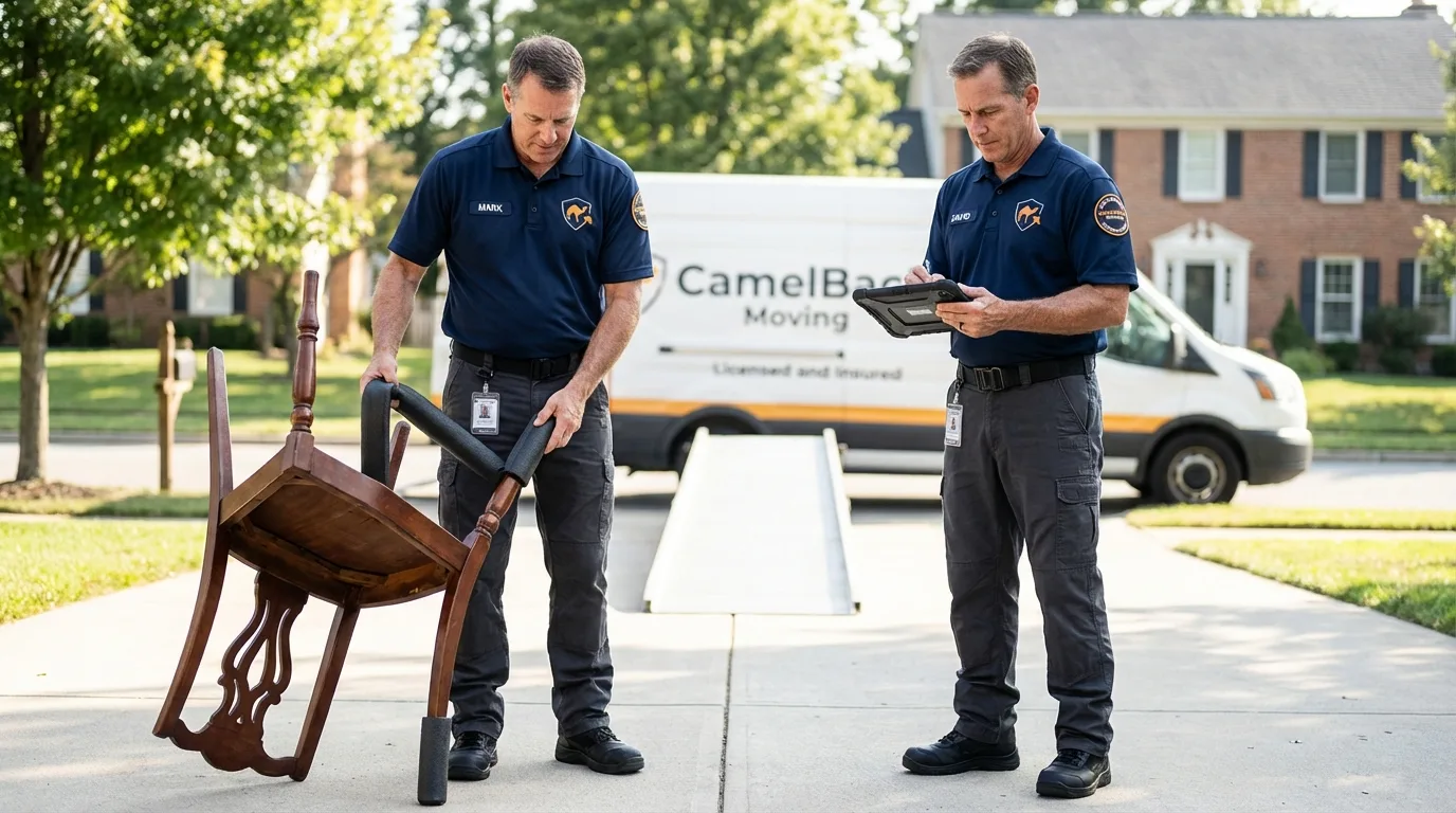 Movers inspecting furniture for damage prevention before loading in Holmen, WI