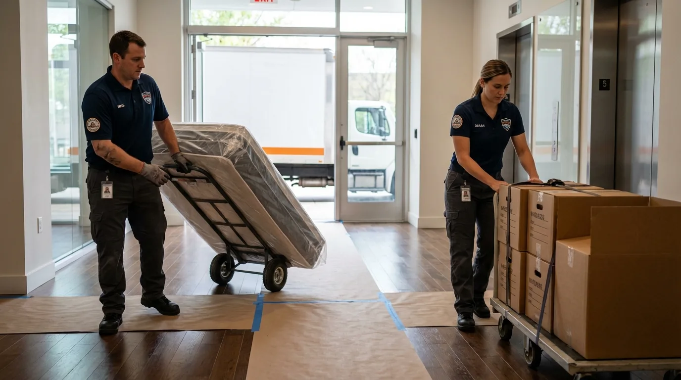 Professional apartment movers loading elevator in Holmen, WI