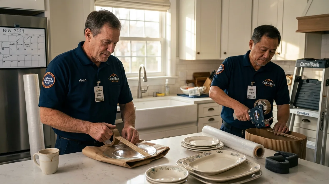 Professional crew packing kitchen dishware in Holmen, WI